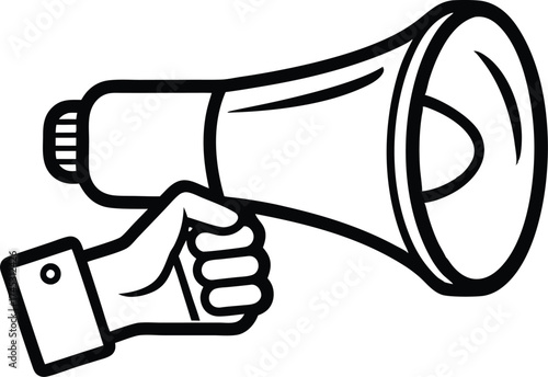 hand holding megaphone bullhorn outline illustration, Hand Holding Megaphone Outline Vector Icon on Transparent Background.
