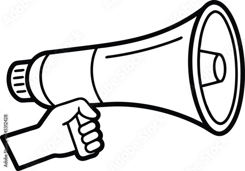 hand holding megaphone bullhorn outline illustration, Hand Holding Megaphone Outline Vector Icon on Transparent Background.
