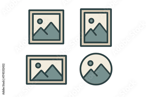 Four abstract placeholder icons featuring mountain landscape outlines in different frames