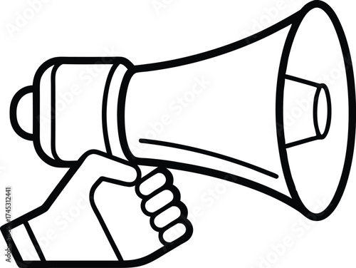 hand holding megaphone bullhorn outline illustration, Hand Holding Megaphone Outline Vector Icon on Transparent Background.
