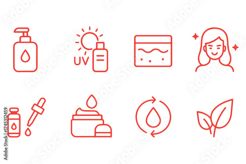 Skincare icon set illustrating moisturizing and hydration concepts for beauty products