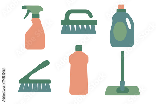 Collection of essential household cleaning tools and sanitation supplies icons