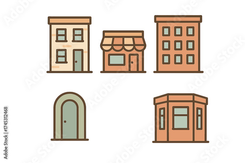 Collection of stylized urban building and door icons in warm muted colors
