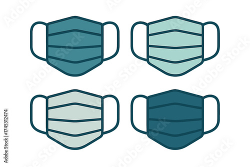 Four protective face masks in various shades of blue and teal
