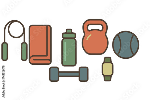 Set of stylized icons representing various workout gear such as jump rope kettlebell and dumbbell