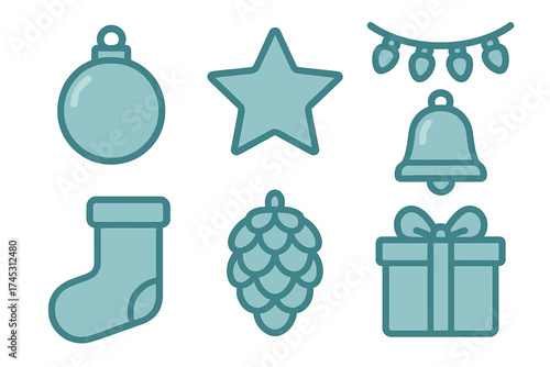 Set of simple holiday and winter celebration icons including ornament star bell stocking and gift