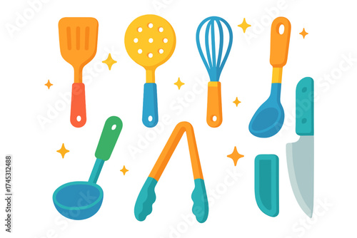 Colorful assortment of essential cooking utensils and kitchen tools for food preparation