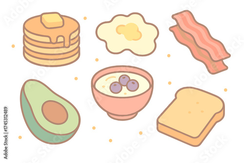 Assortment of popular breakfast food items in cute style