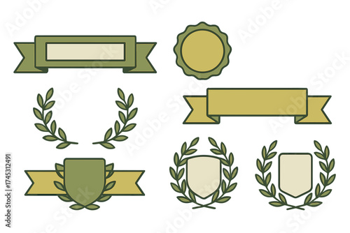 Green and beige heraldic badges ribbons and laurel wreaths set
