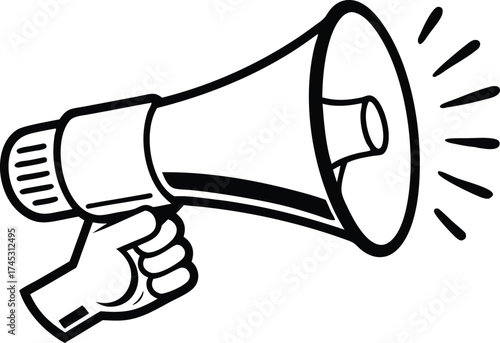 hand holding megaphone bullhorn outline illustration, Hand Holding Megaphone Outline Vector Icon on Transparent Background.
