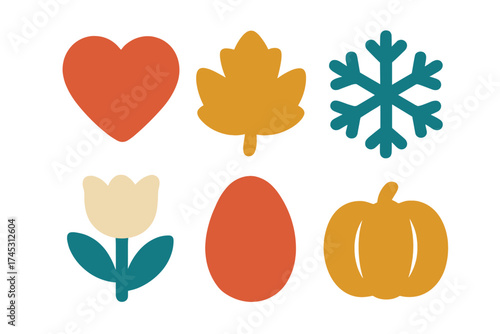 Set of stylized seasonal icons including heart, leaf, snowflake, flower, egg, and pumpkin