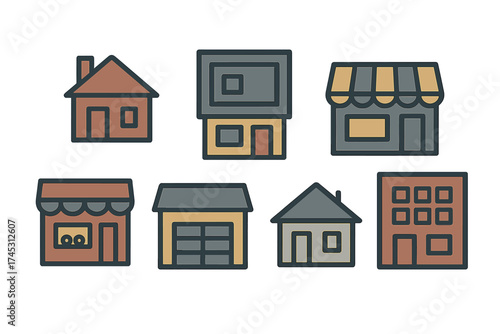 Collection of various simple building and house icons featuring a thick outline style