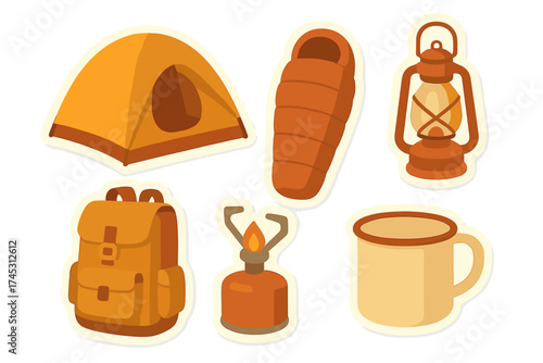 Set of camping and hiking equipment stickers featuring tent backpack lantern and stove