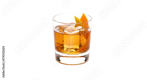 Classic old fashioned cocktail with orange peel garnish on transparent background