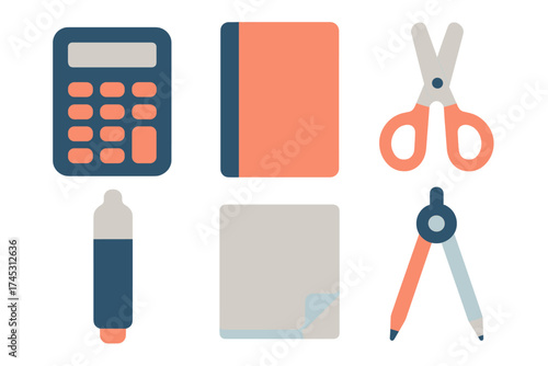 Colorful flat design icons of essential school and office supplies