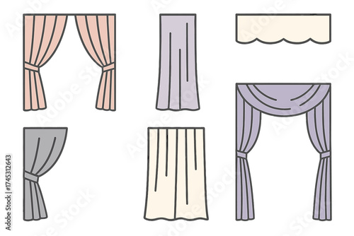 Assortment of window curtain and drapery style icons for interior design