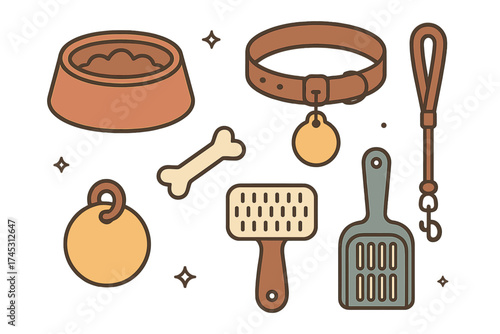 Essential pet care supplies including food bowl and grooming tools