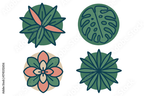 Four stylized potted plant icons viewed from above for modern design
