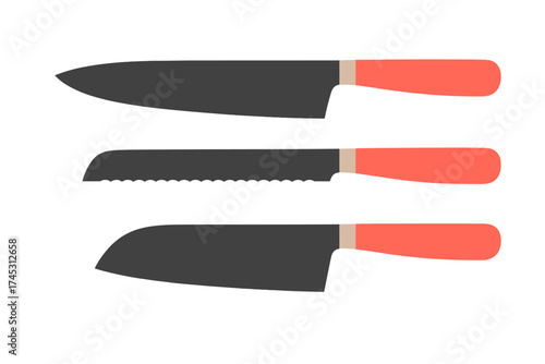 Three kitchen knives with dark blades and bright coral handles