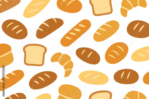 Seamless pattern of assorted baked bread and pastry items