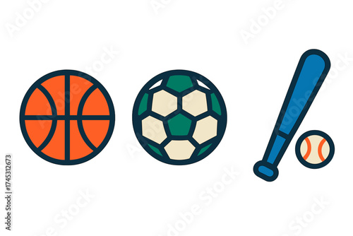 Set of flat style icons for various popular sports equipment and gear