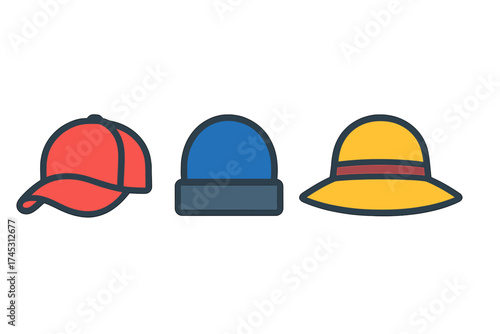 Set of three headwear icons including baseball cap beanie and straw hat