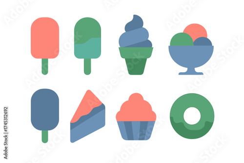Collection of colorful frozen desserts and sweet baked goods icons