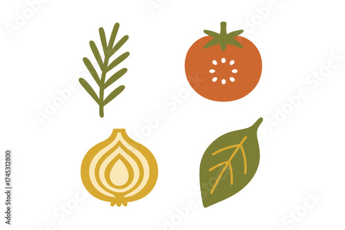 Stylized icons of assorted fresh cooking herbs and garden vegetables