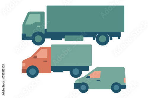 Collection of delivery trucks and cargo vans in flat graphic style