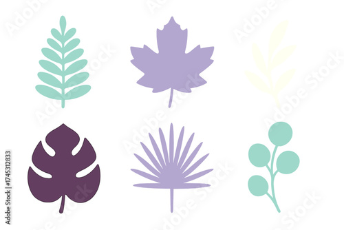 Set of six stylized botanical leaf shapes in pastel and deep purple colors
