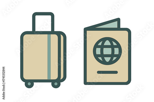 Rolling suitcase and passport icons for international travel concept