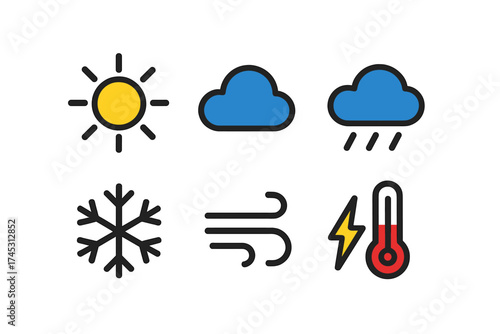 Six basic weather condition icons: sun, cloud, rain, snow, wind, and temperature