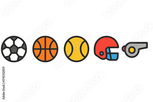 Colorful collection of sports equipment icons featuring balls, helmet, and whistle