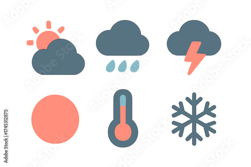 Set of stylized weather icons including sun, clouds, rain, lightning, thermometer, and snowflake