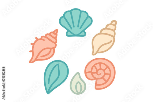 Collection of stylized seashells and marine bivalve shapes in soft pastel colors