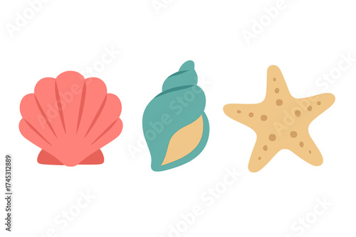 Stylized seashell and starfish icons set for beach and marine themes
