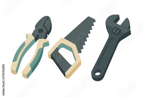 Assortment of common hand tools including pliers saw and adjustable wrench
