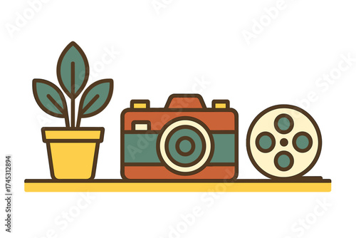 Shelf display with potted plant, camera, and film reel icons