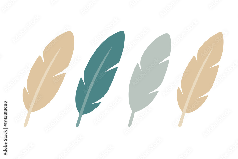 Obraz premium Four stylized bird feathers in muted earth tones and vibrant teal