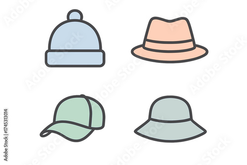 Collection of four simple headwear icons including beanie fedora baseball cap and sun hat