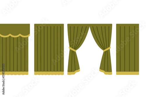 Set of olive green drapery and stage curtain variations with gold trim