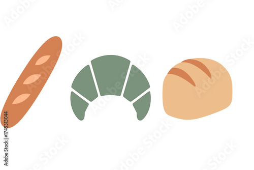 Collection of assorted baked goods icons featuring baguette, croissant, and loaf