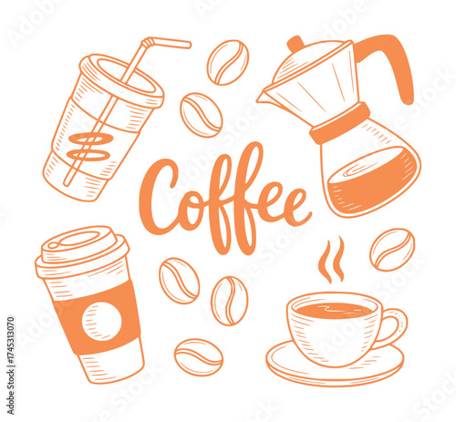 Hand-Drawn Coffee Collection Moka Pot, Cups, Beans, and Text