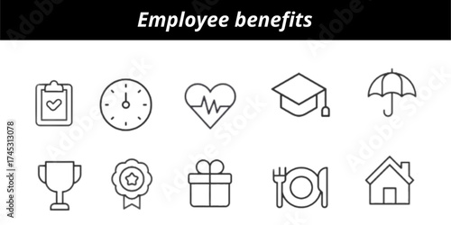 Employee benefits icon set. Contains such icons as health wellness programs and more 