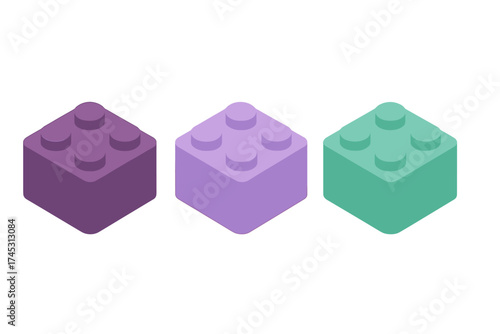 Isometric building blocks in purple and teal colors on white background