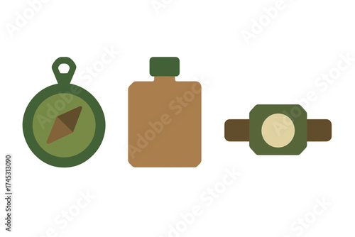 Essential outdoor gear icons: compass, canteen, and wrist watch for adventure