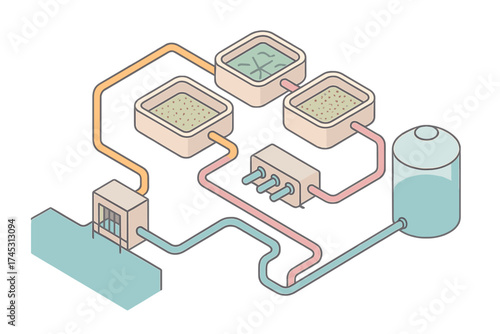 Isometric diagram of hydroponic system with water circulation and nutrient tanks