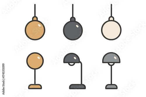 Set of modern lighting fixtures icons including pendant and table lamps
