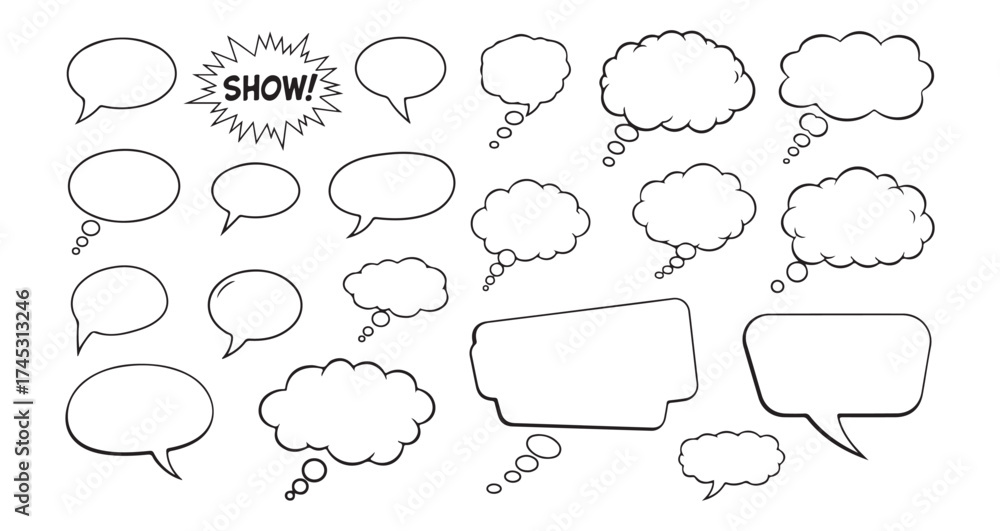 Fototapeta premium Comic speech bubble line icon set. Chat, Dialogue, Message, Conversation, Talk and communication Text Box icon vector