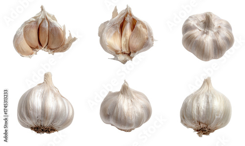 Six garlic bulbs against a black background, showing different perspectives and clove exposure